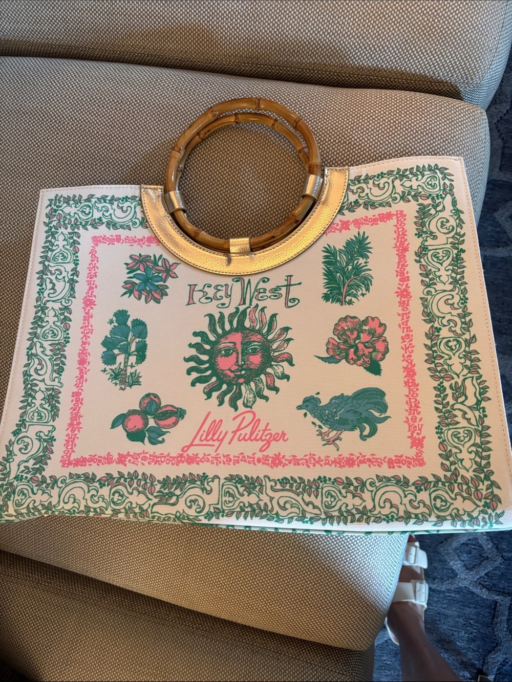 Lilly Pulitzer Key West Canvas Tote with Pink & Green Motif and Bamboo Handles